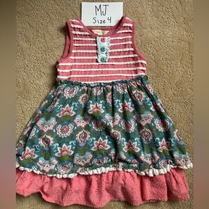 Matilda Jane Floral & Pink Stripe Girls Dress with Buttons - Size 4